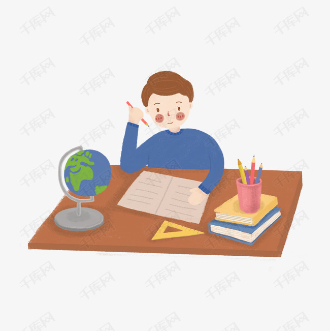 卡通正在做作业的男孩