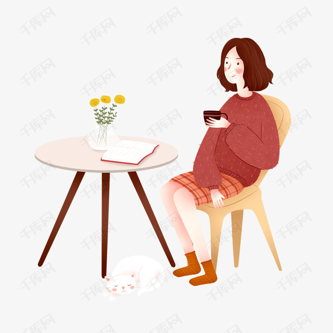 卡通坐着喝咖啡的女人