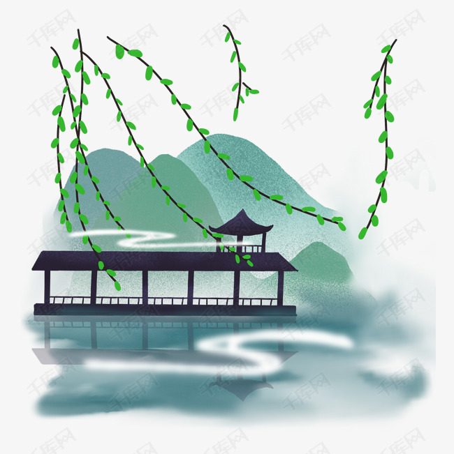 中国风青山绿水古风长亭柳树素材图片免费下载_高清psd_千库网(图片