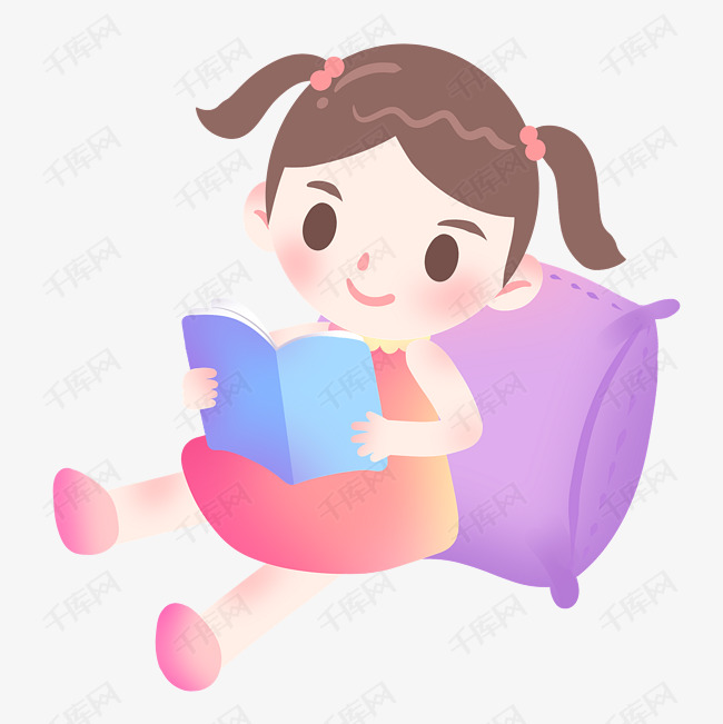 靠在枕头上看书的小女孩