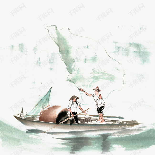 水墨画湖中捕鱼
