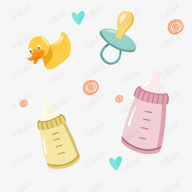 母婴用品的素材免抠花瓣漂浮吹号妹子母婴用品小黄鸭卡通奶嘴奶瓶
