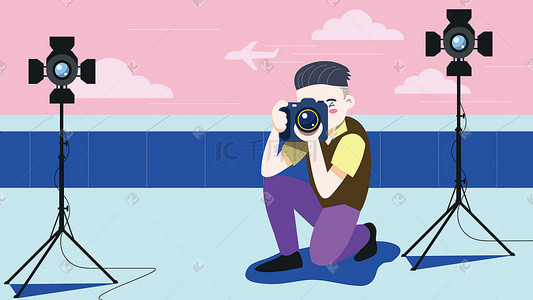 标签专业插画图片_在天台上拍照的男摄影师