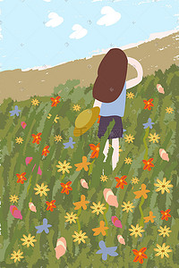 花草花卉植物插画图片_花卉植物草丛里的女孩插画