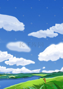 蓝天白云广阔插画图片_清新唯美日式田园草地风景