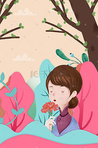 广告插画图片_卡通手绘母亲节插画森林系广告