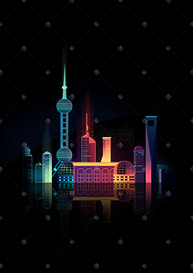暑假旅游上海城市夜景扁平风景