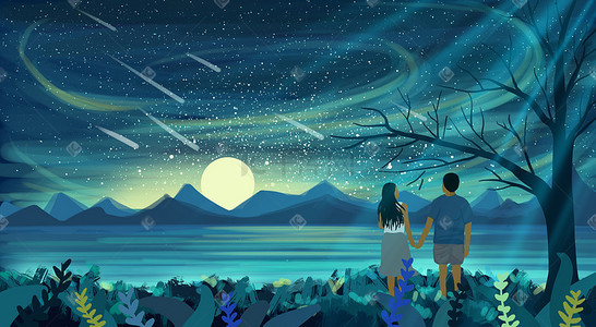 树枝夜空插画图片_月光下湖边的情侣
