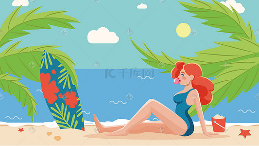 海滩冲浪板插画图片_海滩边晒日光浴度假