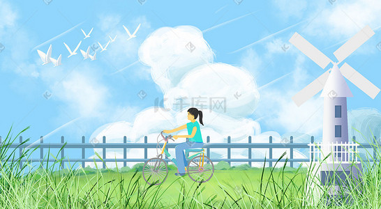 小风车插画图片_骑单车的小女孩儿