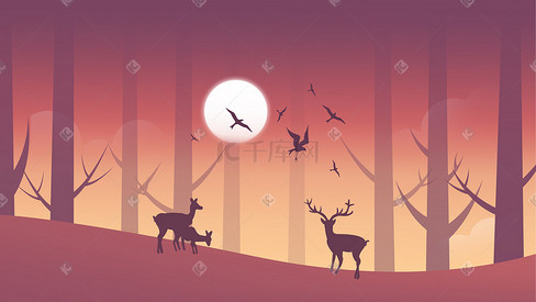 秋天黄昏扁平渐变森林小鹿剪影