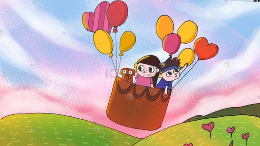 女孩热气球插画图片_六一儿童节热气球海拔背景六一