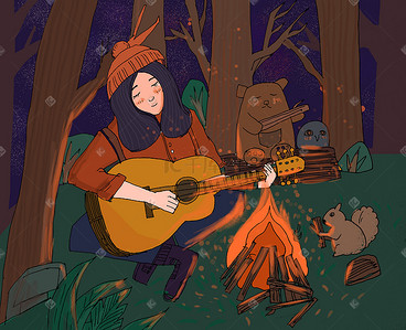 手绘小动物插画图片_夜晚森林篝火弹吉他女孩和小动物