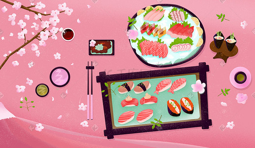 美食日本料理刺身寿司樱花主题插画