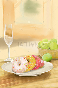 青苹果插画图片_美食甜甜圈手绘插画