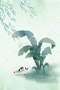 棕榈芭蕉叶黑白插画图片_夏日小清醒剧场芭蕉樱桃商用图