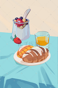 甜品慕斯插画图片_早餐美食面包甜品酸奶橙汁插画