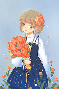 少女与花插画图片_蓝色唯美清新卡通少女与花裙子春季花朵配图