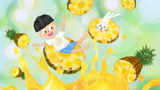 动感果汁插画图片_夏季六一儿童节菠萝果汁白猫手绘插画psd六一