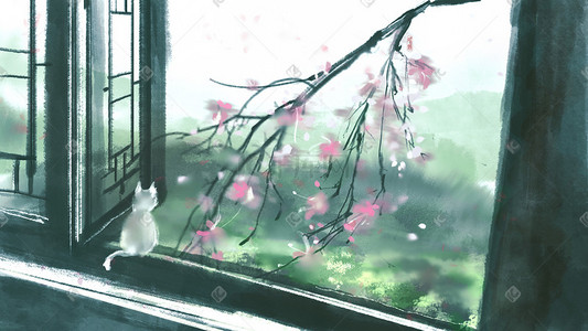猫风景插画图片_中国风青色窗外花节春季意境风景