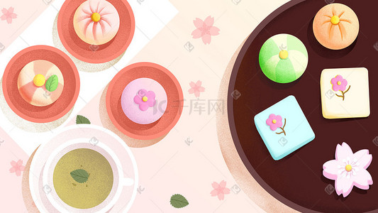 美食插画日式和果子banner背景