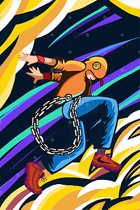 国潮街舞舞狮版插画图片_嘻哈街舞厚彩涂鸦