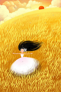 八月手绘插画图片_立秋八月小麦手绘背景插画