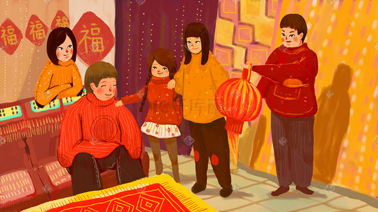 中国福字插画图片_2019猪年团圆拜年喜庆温馨福字