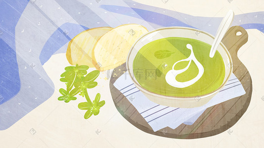 下午茶手绘插画图片_美食奶油绿色浓汤