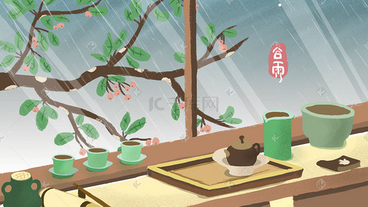 墨脱春茶插画图片_春季卡通小清新谷雨春茶雨景配图