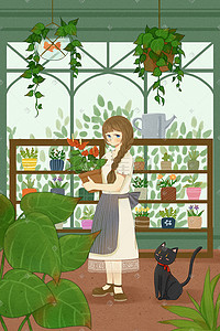 少女绿插画图片_治愈植物少女猫花房绿色温馨小清新手绘风