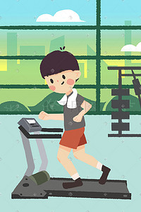 健身健身房插画图片_男孩健身房跑步机运动健身插画
