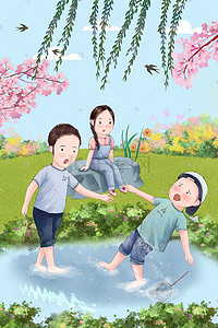 二十四节气春季游玩踏青桃花柳绿风景