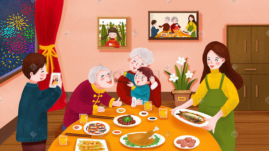 除夕图插画图片_新年春节过年主题全家一起吃团圆饭手绘横图