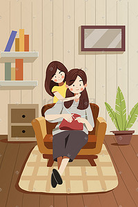 母亲节快乐妇女妈妈女儿室内温馨卡通插画