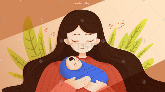 蓝色黄色插画图片_暖黄色小清新母亲节母亲与婴儿插画