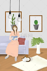 人物沙发插画图片_唯美小清新沙发看书女孩和猫手绘插画
