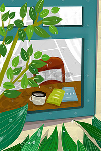 窗外阳光插画图片_早上窗外植物上的白露插画