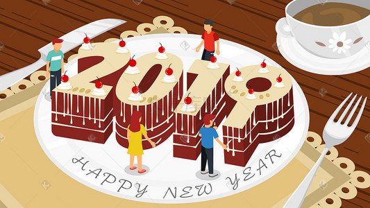 新年2019新年插画图片_卡通2019新年2.5D蛋糕餐桌创意插画