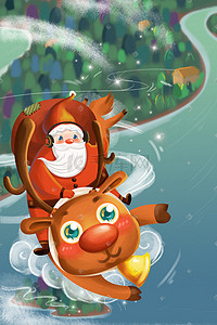 卡通圣诞老人插画图片_卡通圣诞节圣诞老人骑驯鹿飞翔圣诞