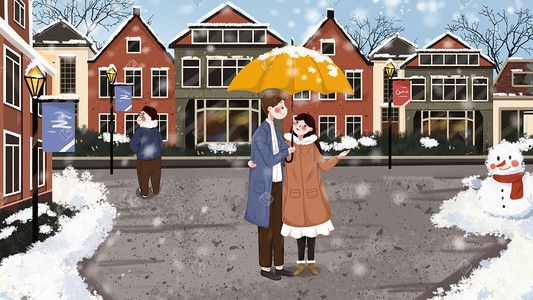 雪中插画图片_手绘小清新冬季雪中打伞的情侣下载