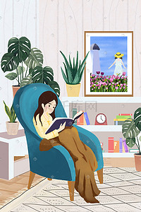 居家生活女孩坐在沙发看书手绘肌理家庭生活