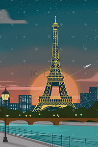巴黎宝贝插画图片_扁平小清新国际都市风景插画