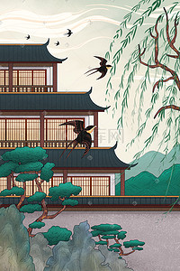 中国古风风插画图片_24节气春分古风建筑与燕子