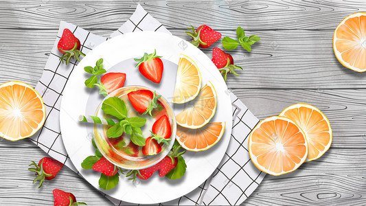 盘子插画图片_水果草莓与橙子