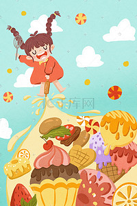 食物小插画图片_蓝色小清新美食吃货女孩制作甜品