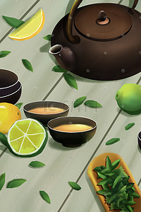 茶叶龙井插画图片_茶与柠檬-茶叶-茶杯-茶水