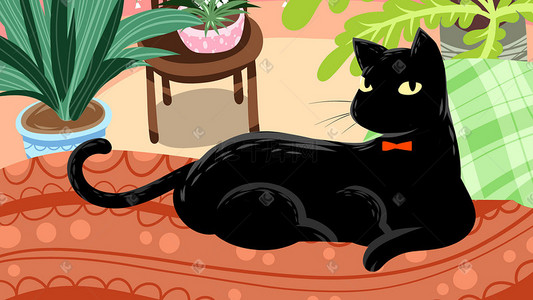 黑猫宠物手绘插画