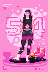 滑板女生插画图片_54青年节女生滑板鞋