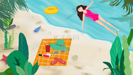 夏日少女海边游泳插画